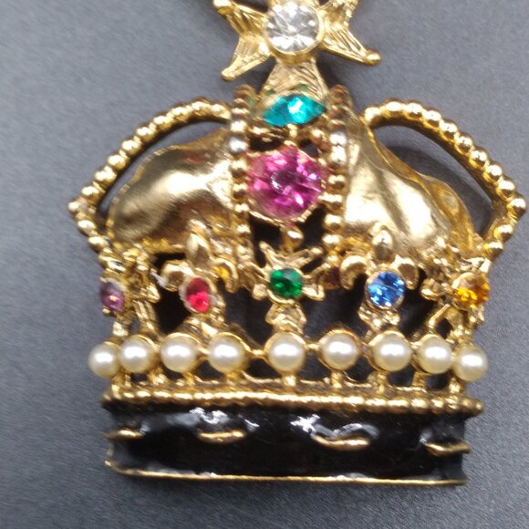 Vintage Red Velvet Rhinestone Crown Pendant Brooch - Picture 2 of 5